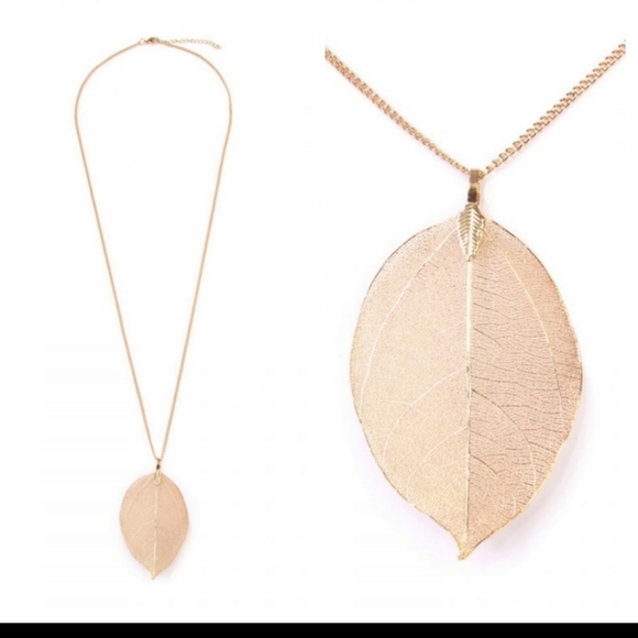 Light Gold Large Leaf Pendant Necklace - Picture 2 of 5